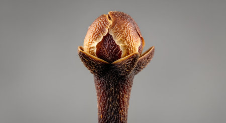 Macro shot of a clove bud on a gray background.の素材