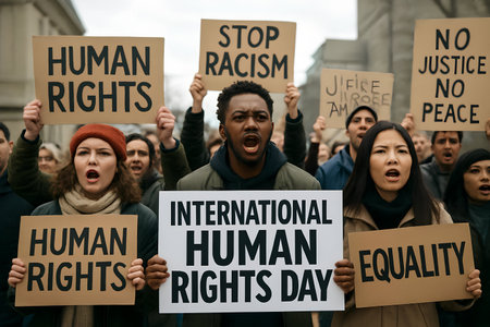 Group of people with placards protesting against racism and violence in the city.の素材
