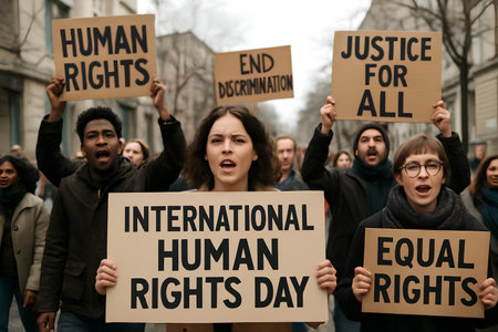 Group of activists is protesting outdoors. The activists are holding placards and banners.の素材
