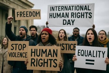 Group of protesting people holding placards with text International Human Rights Day.の素材