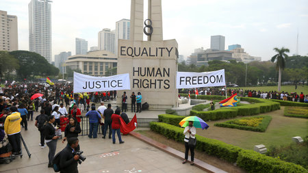 Unidentified people protest against the government in Bangkok, Thailand.の素材