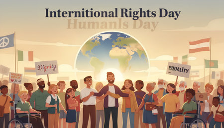 International Human Rights Day. Group of people with banners, flags and placards. Vector illustrationの素材