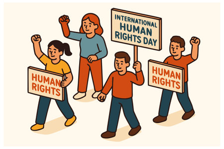 International Human Rights Day concept. Group of people holding placards. Vector illustrationの素材