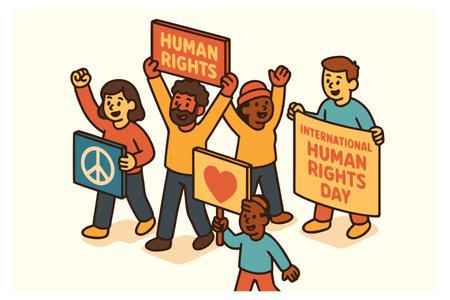 Group of activists with placards and human rights symbols. Vector illustration.の素材