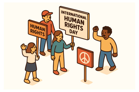 Human rights concept. Group of people with placards. Vector illustration in flat styleの素材