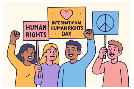 International Human Rights Day. Group of people with placards and banners. Vector illustrationの素材