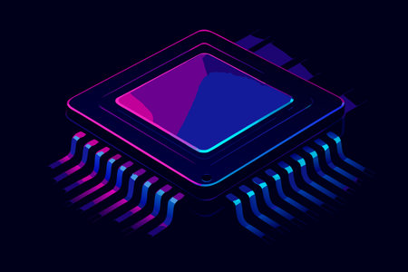 Microprocessor chip. Vector illustration in neon style on a dark background.