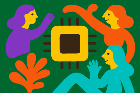 Vector illustration of people with a computer processor. Technology concept. Flat design.のイラスト素材