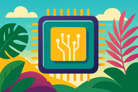 Vector illustration of a microchip in flat style with tropical leaves.のイラスト素材