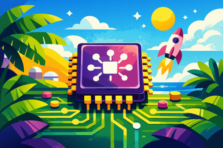 Microchip vector illustration in flat design style. Computer processor with microchips and rocket.のイラスト素材