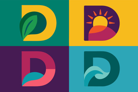 Letter D with leaf and sun icon in colorful background. Vector illustration.のイラスト素材
