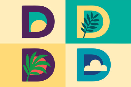 Letter D with leaves and clouds. Vector illustration in flat style.のイラスト素材
