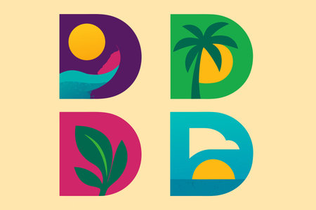 Vector illustration of letter D with palm tree and sun. Flat style.のイラスト素材