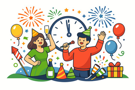 Happy New Year. Vector illustration in flat cartoon style. Man and woman celebrate holiday.のイラスト素材