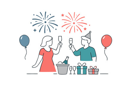 Vector illustration of a man and woman celebrating birthday with champagne, fireworks and gift boxes.のイラスト素材