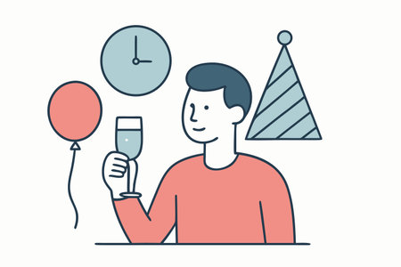 Birthday party. Man with a glass of champagne. Vector illustration in linear styleのイラスト素材