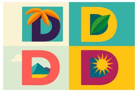 Letters D and O with palm tree, sun and mountains. Vector illustration.のイラスト素材