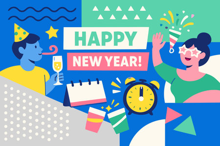 Happy New Year. Vector illustration in flat style. Man and woman celebrating new year.のイラスト素材