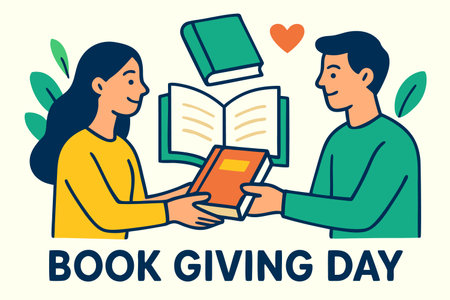 World Book Giving Day concept with man giving book to woman. Vector illustration.