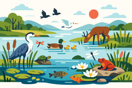 Landscape with lake and animals. Vector illustration. Flat style.のイラスト素材