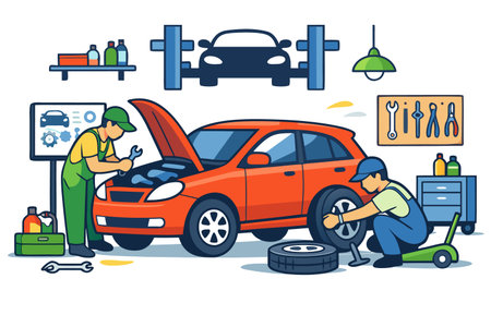Car service concept. Auto mechanic repairing a car. Flat vector illustration.のイラスト素材