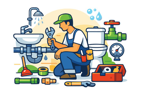 Plumber at work. Vector illustration in a flat style. Plumber repairman.のイラスト素材