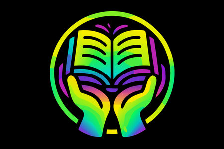 Hands holding a book inside a circle with rainbow colors on a black backgroundのイラスト素材