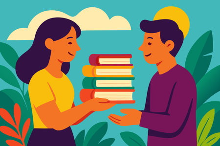 Couple holding stack of books. Vector illustration in flat cartoon styleのイラスト素材