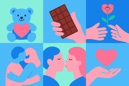 Valentine's day flat vector illustration. Couple in love kissing and hugging each other. Romantic couple in love.のイラスト素材
