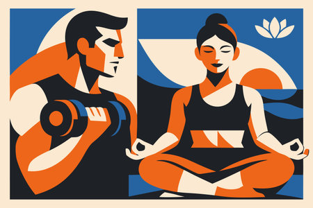 Vector illustration of a young man and woman doing yoga in the  position.のイラスト素材