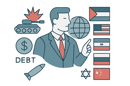 Vector thin line art design illustration of businessman pointing with index finger at infographic elements.のイラスト素材