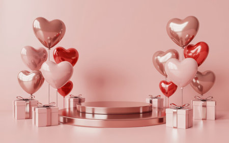Valentine's day background with hearts, gift boxes and podium. 3d renderingの素材