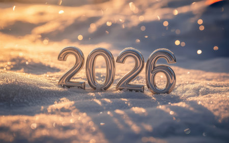 Shiny 2026 New Year Numbers in Snow at Golden Sunset â Holiday Celebration Conceptの素材