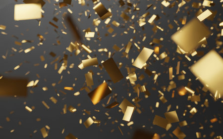 Golden Confetti Falling on Dark Background â Celebration and Party Conceptの素材