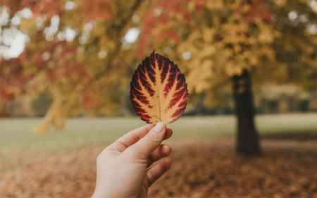 Hand Holding Vibrant Autumn Leaf in Soft Fall Backgroundの素材