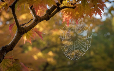 Autumn Maple Leaves with Dew-Covered Spider Web in Soft Morning Lightの素材