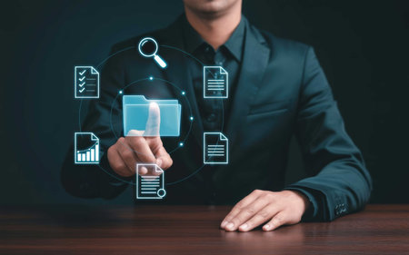 Digital Document Management and File Access Interface with Businessman Touching Virtual Folderの素材