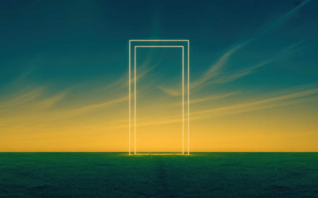 Minimalist Glowing Door Frame in Vast Landscape at Sunsetの素材