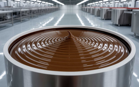 Close Up View of Liquid Chocolate Swirl in Modern Factoryの素材