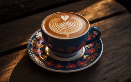 Elegant Latte Art Coffee in Decorative Cup on Wooden Tableの素材