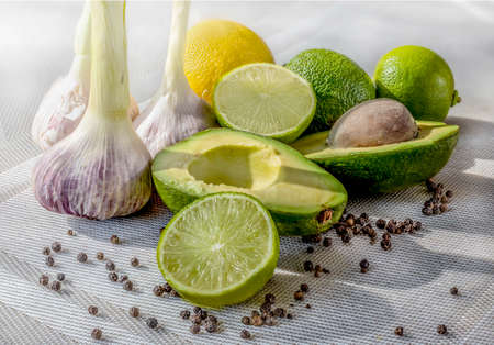 Pasta from Avocado. Avocado lime, lemon, garlic and peppercorns. Natural light.の写真素材