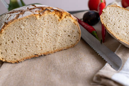 Polish bread on a country table. Plum taste of summer. A home-made breakfast. Europe, Poland, Mazovia.の写真素材