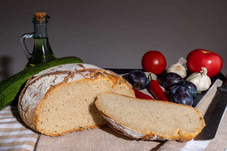 Polish bread on a country table. Plum taste of summer. A home-made breakfast. Europe, Poland, Mazovia.の写真素材