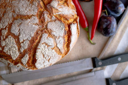 Polish bread on a country table. Plum taste of summer. Europe, Poland, Mazovia.の写真素材