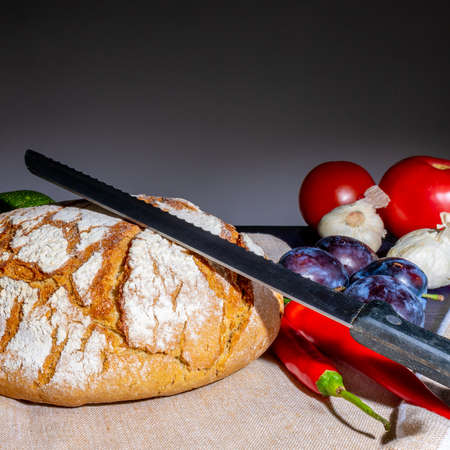 Polish bread on a country table. Plum taste of summer. Europe, Poland, Mazovia.の写真素材