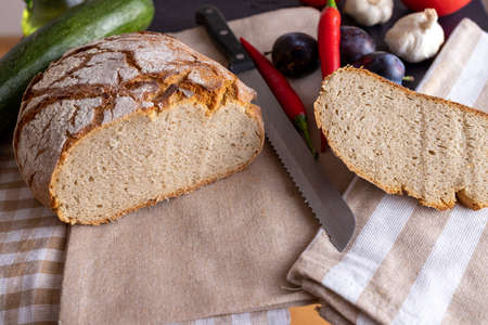Polish bread on a country table. Plum taste of summer. A home-made breakfast. Europe, Poland,...