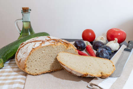 Polish bread on a country table. Plum taste of summer. A home-made breakfast. Europe, Poland, Mazovia.の写真素材