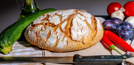 Polish bread on a country table. Plum taste of summer. Europe, Poland, Mazovia.の写真素材