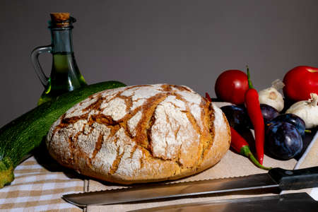 Polish bread on a country table. Plum taste of summer. Europe, Poland, Mazovia.の写真素材