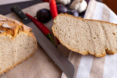 Polish bread on a country table. Plum taste of summer. A home-made breakfast. Europe, Poland, Mazovia.の写真素材